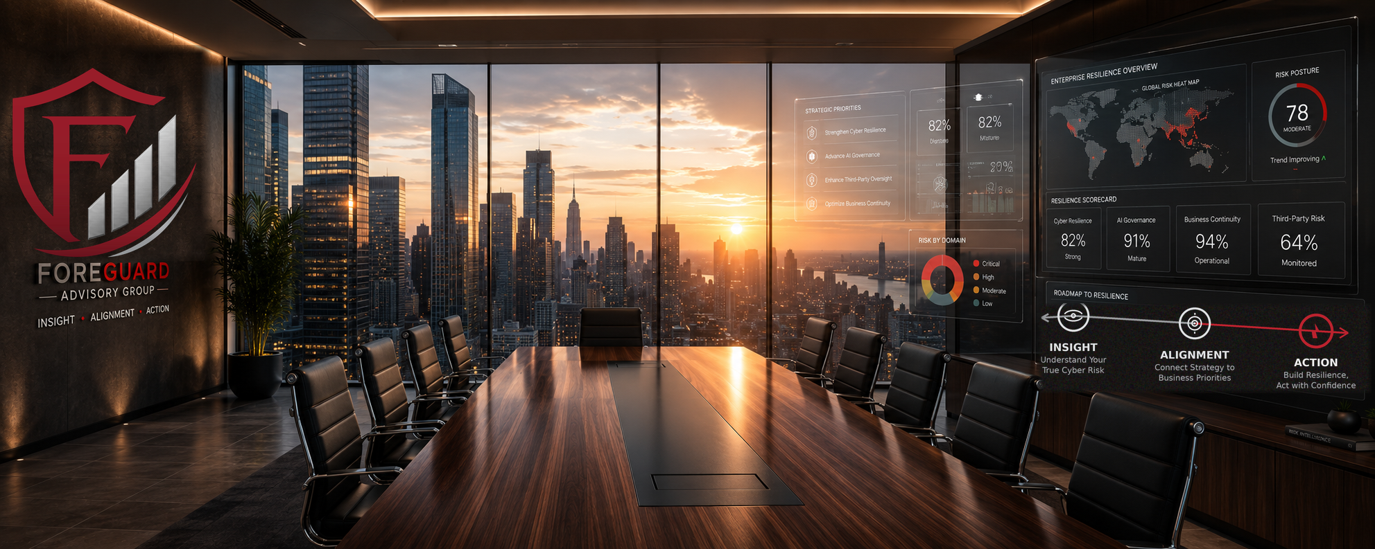 ForeGuard Advisory Group executive conference room with enterprise resilience dashboard overlay showing risk posture, resilience scorecard, and the Insight, Alignment, Action roadmap